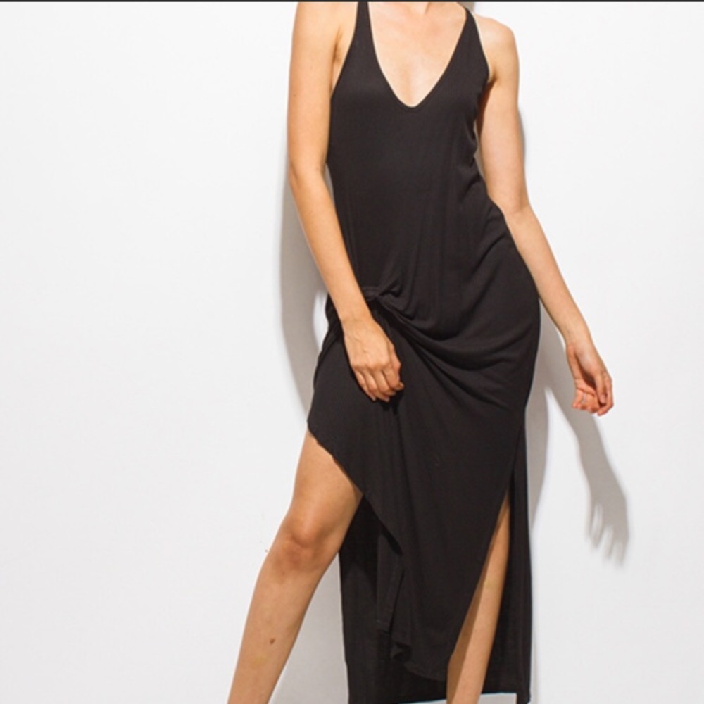 NEW black V neck knotted double split maxi dress